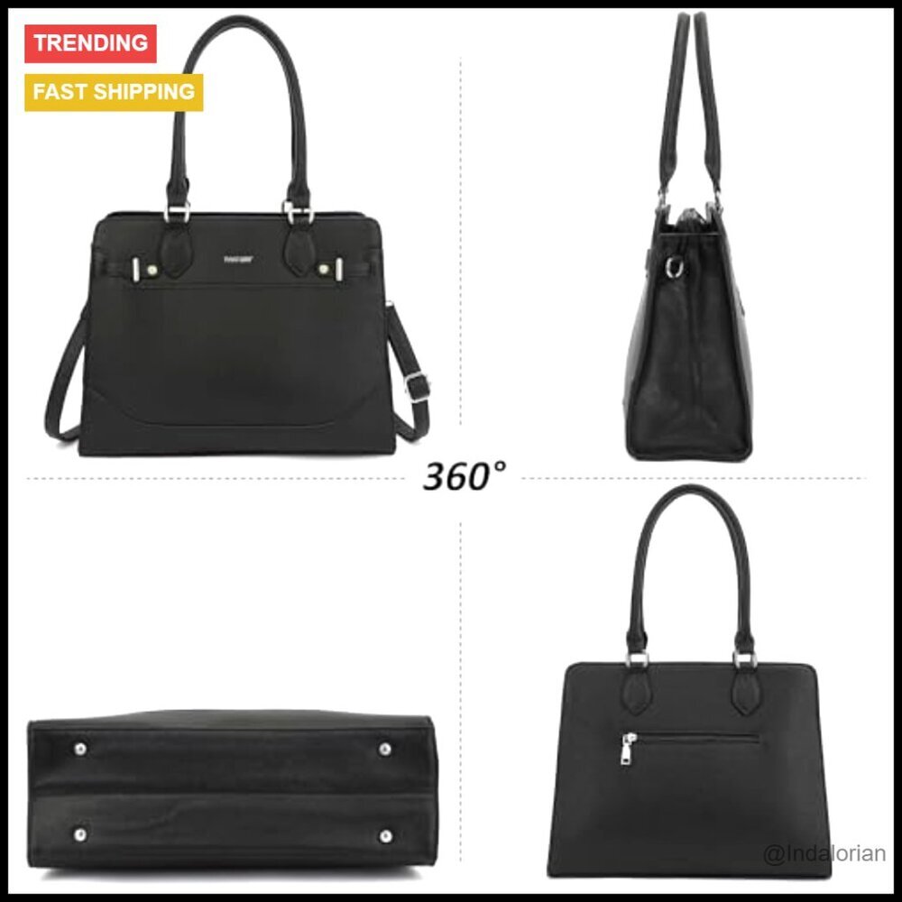 Structured Vegan Leather Satchel Tote Bag Top Handle Shoulder Work Bag - Picture 6 of 6